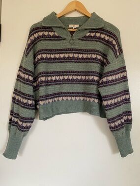 bp Sage Green Patterned Shawl-Collar Pullover with Purple Heart Accents